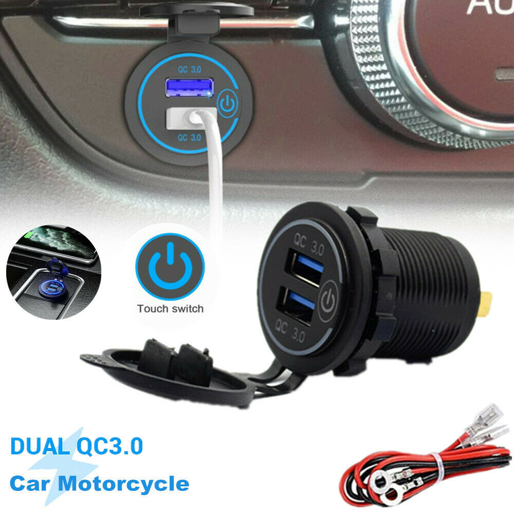 QC3.0 Fast Charging Car Motorcycle Touch Switch Charger Socket Dual USB Port Kit