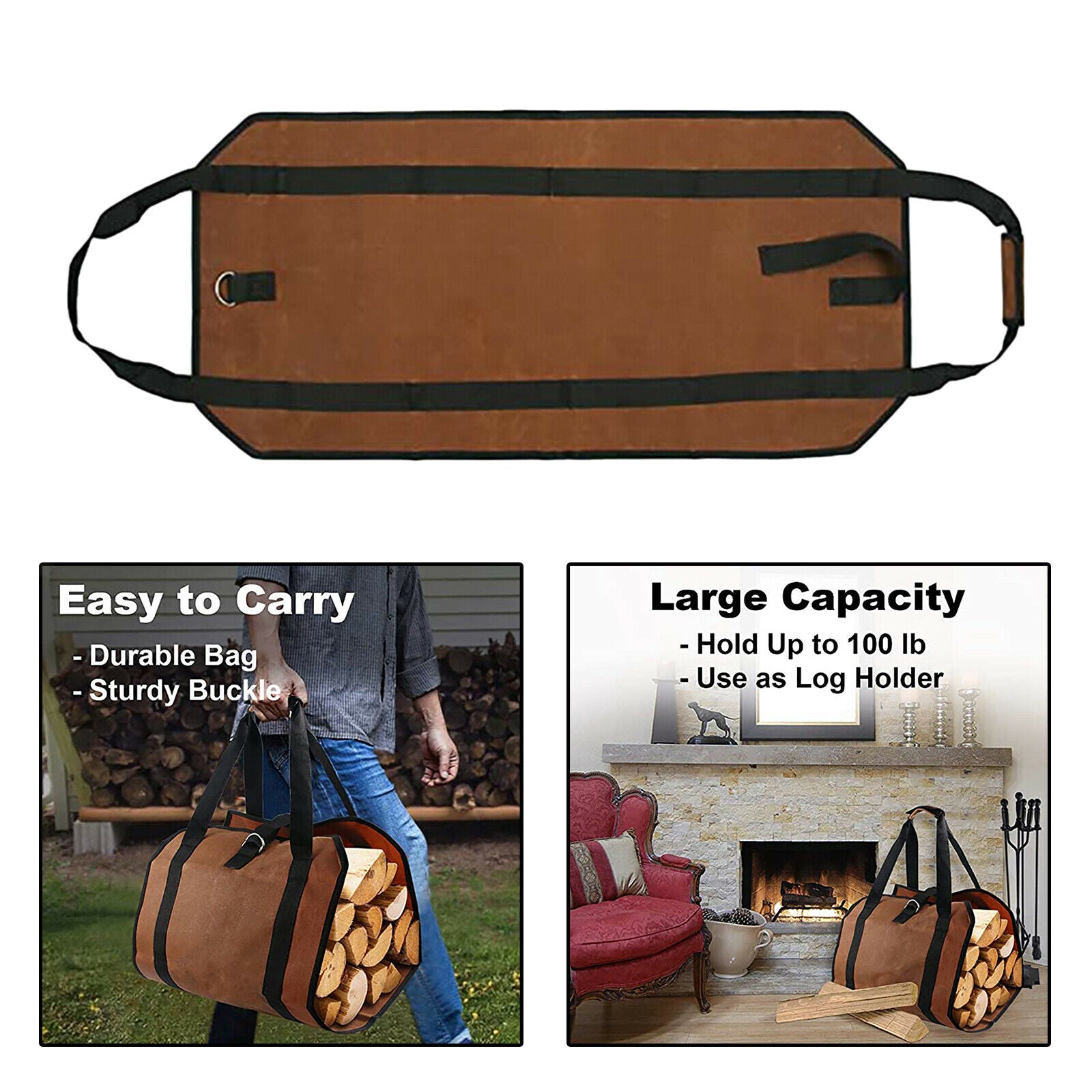 Firewood Wood Carrier Bag Waxed Canvas Large Durable Camping for Outdoor