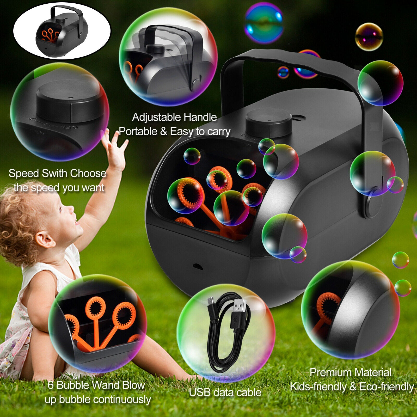 Portable Automatic Bubble Maker Rechargeable Durable Black