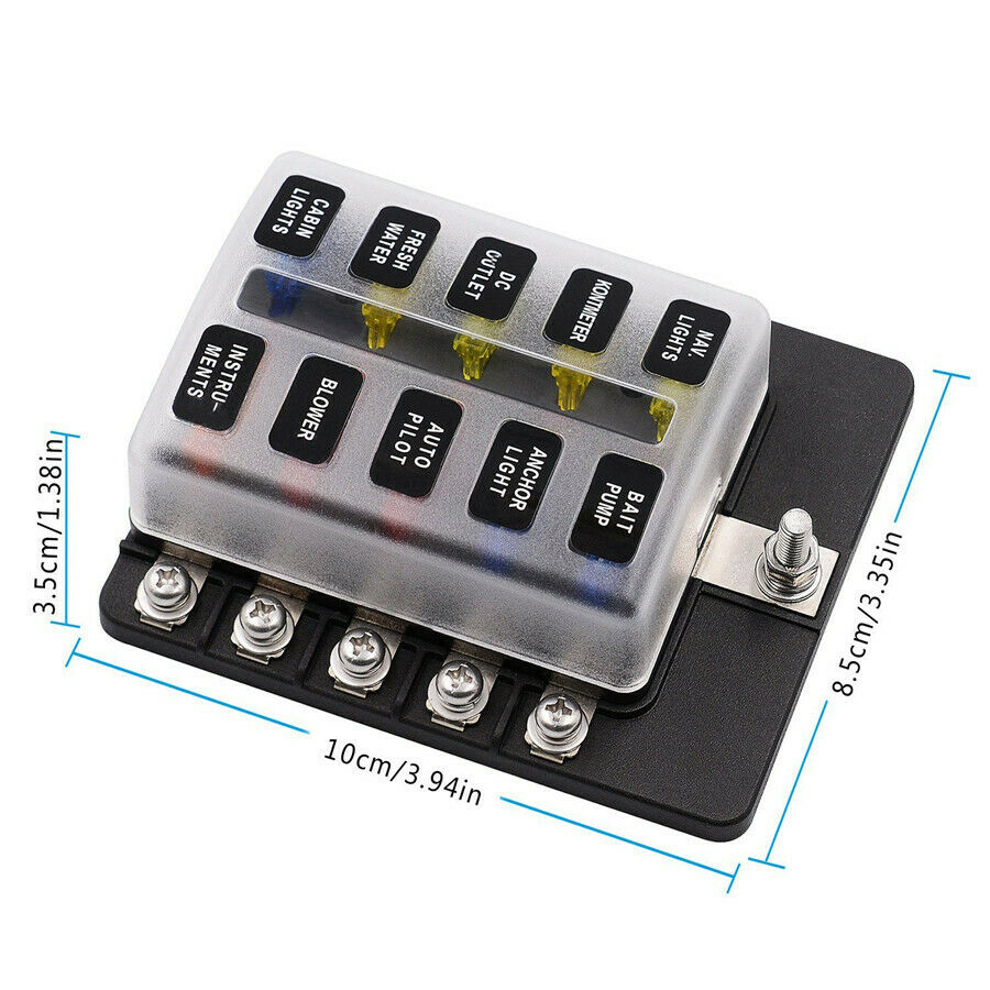 10-Way Blade Fuse Box Block Holder LED Indicator w/ Fuses for 12V 24V Car Marine