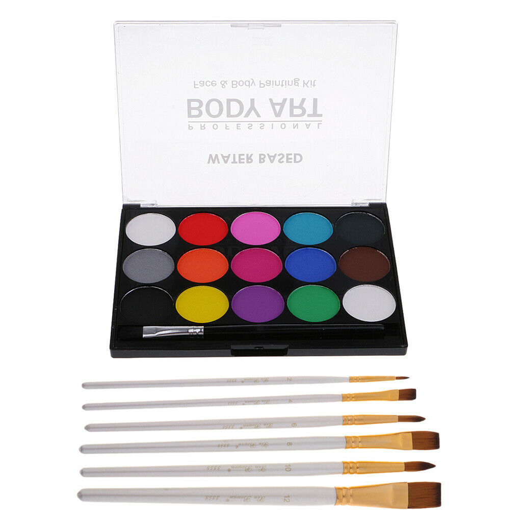 15colors Face Body Paint and 6x Paint Brush Sets Drawing Painting Fancy Make Up