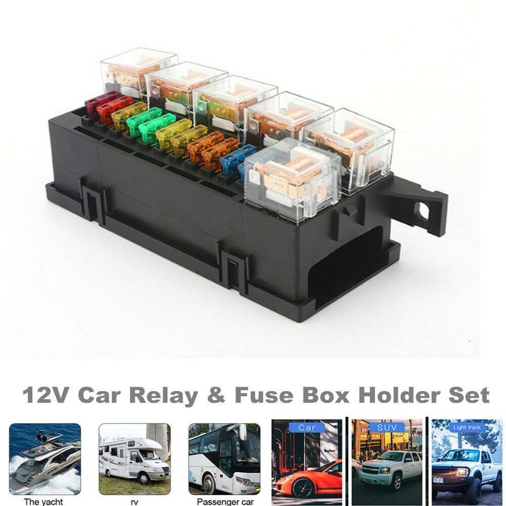 12V Car Yacht Relay & Fuse Box Holder w/ 11x Blade Fuse 6x Relay Truck Tractor