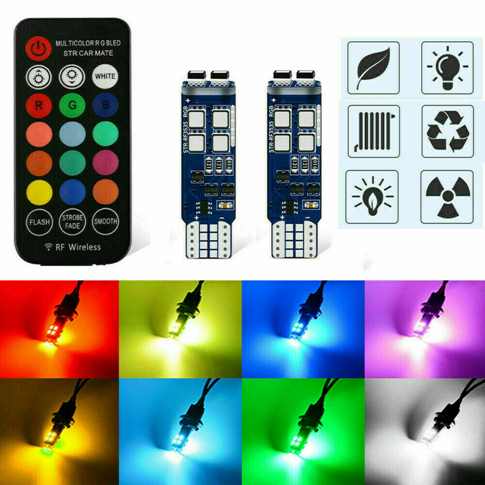 LED Color Changing RGB 168 194 T10 Bulbs w/RF Remote Control Car Parking Light~