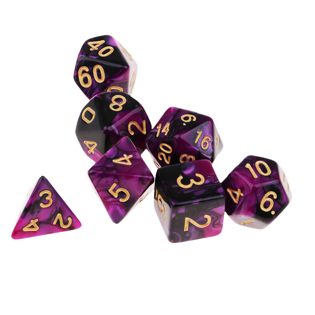 Set of 7 Black Purple Two Color Polyhedral Dice for DND RPG Game Supplies