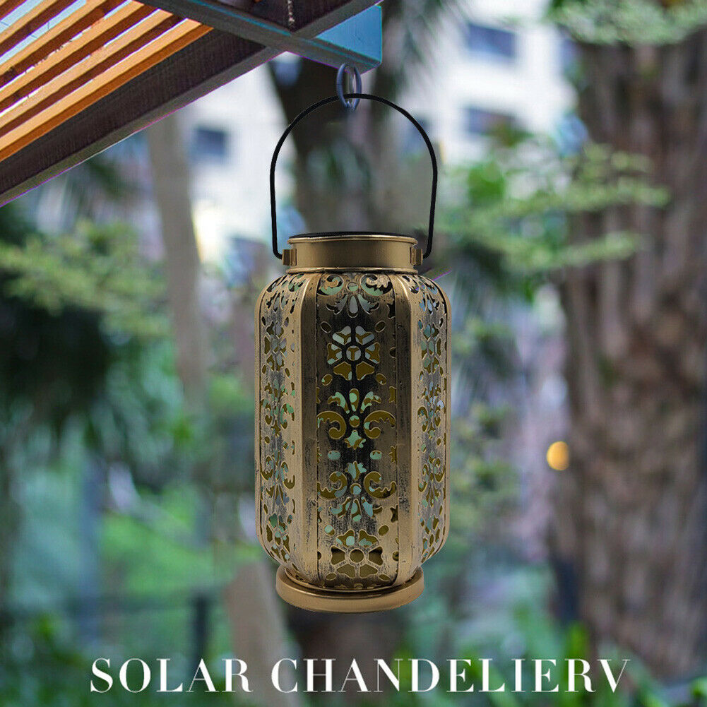 LED Solar Lamps Metallic Hollow Lantern Hanging Light Outdoor Garden Decor @