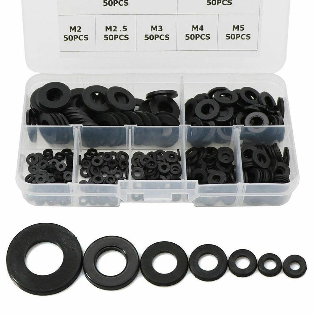 350pcs Set 7 Sizes Black Nylon Flat Washer Assortment Kit M2/M2.5/M3/M4/M5/M6/M8