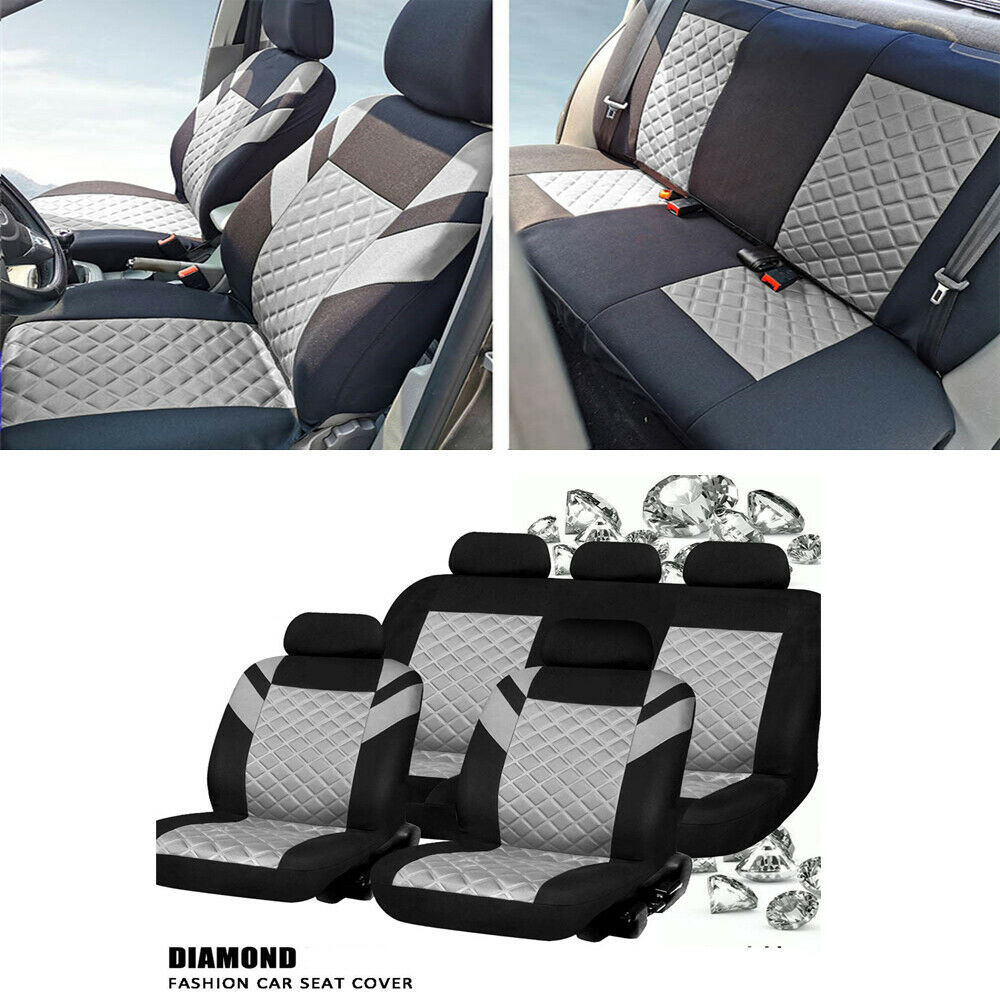 Grey Car Seat Covers Front & Rear Full Set Diamond Pattern Embossed Universal