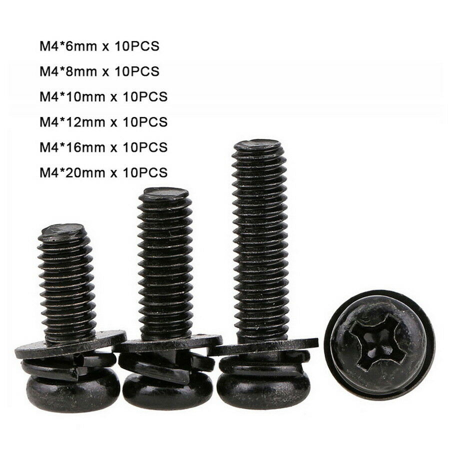 60Pcs M4*6-20mm Phillips Pan Head Machine Screws Spring Washer Kit -Black Zinc