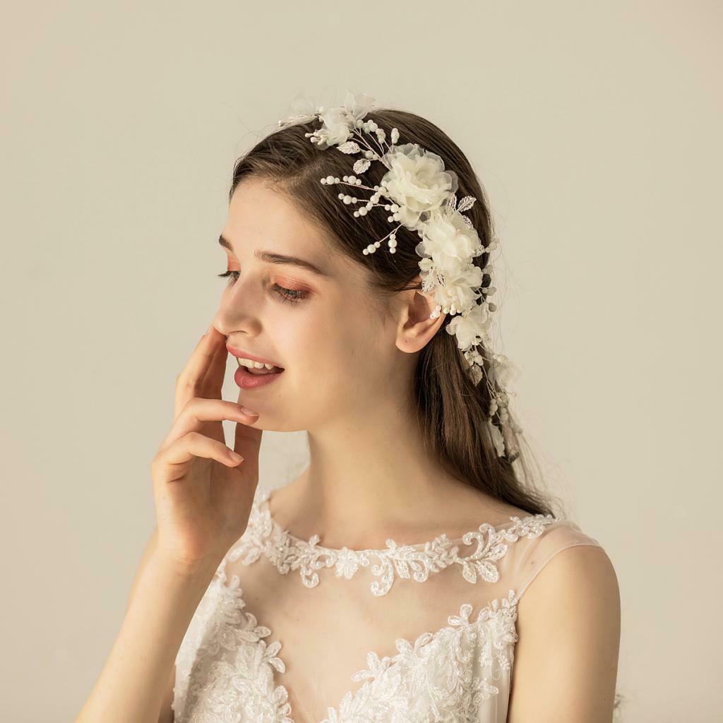Handmade Chiffon Flowers Tiara Bride Pearls Headdress Hair Comb Headpieces