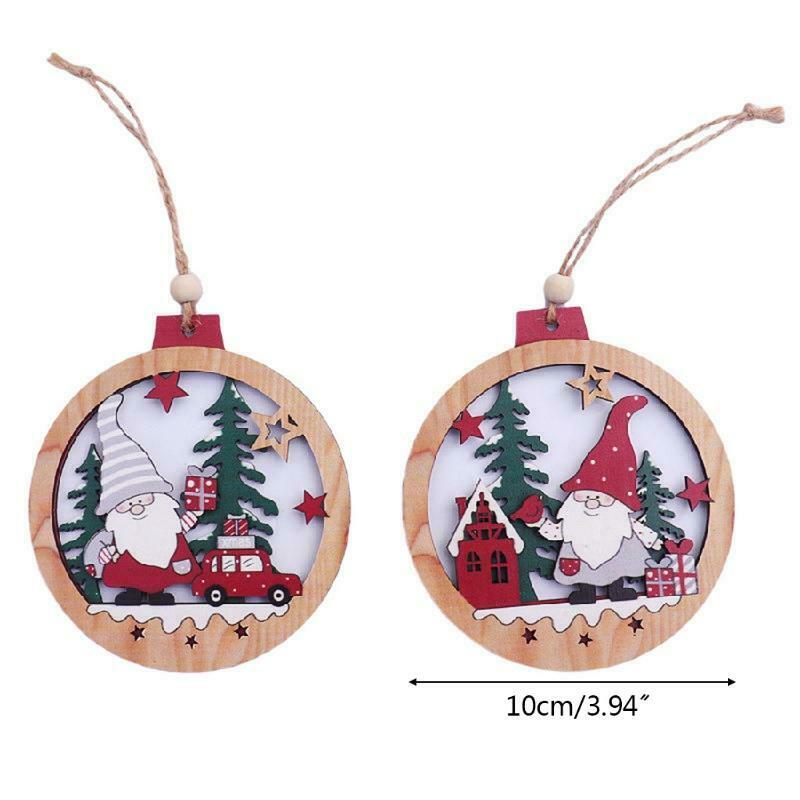 2pcs Christmas Car Gnome Santa Wooden Round Hanging Pendant Cartoon Santa Xmas