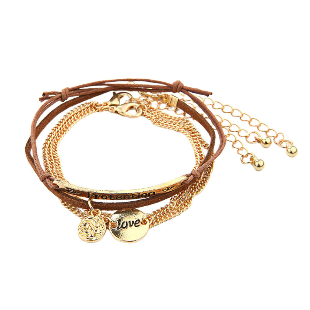 Womens Love Letter Multilayer Chains Metal Coins Bracelet Leather Rope 18cm