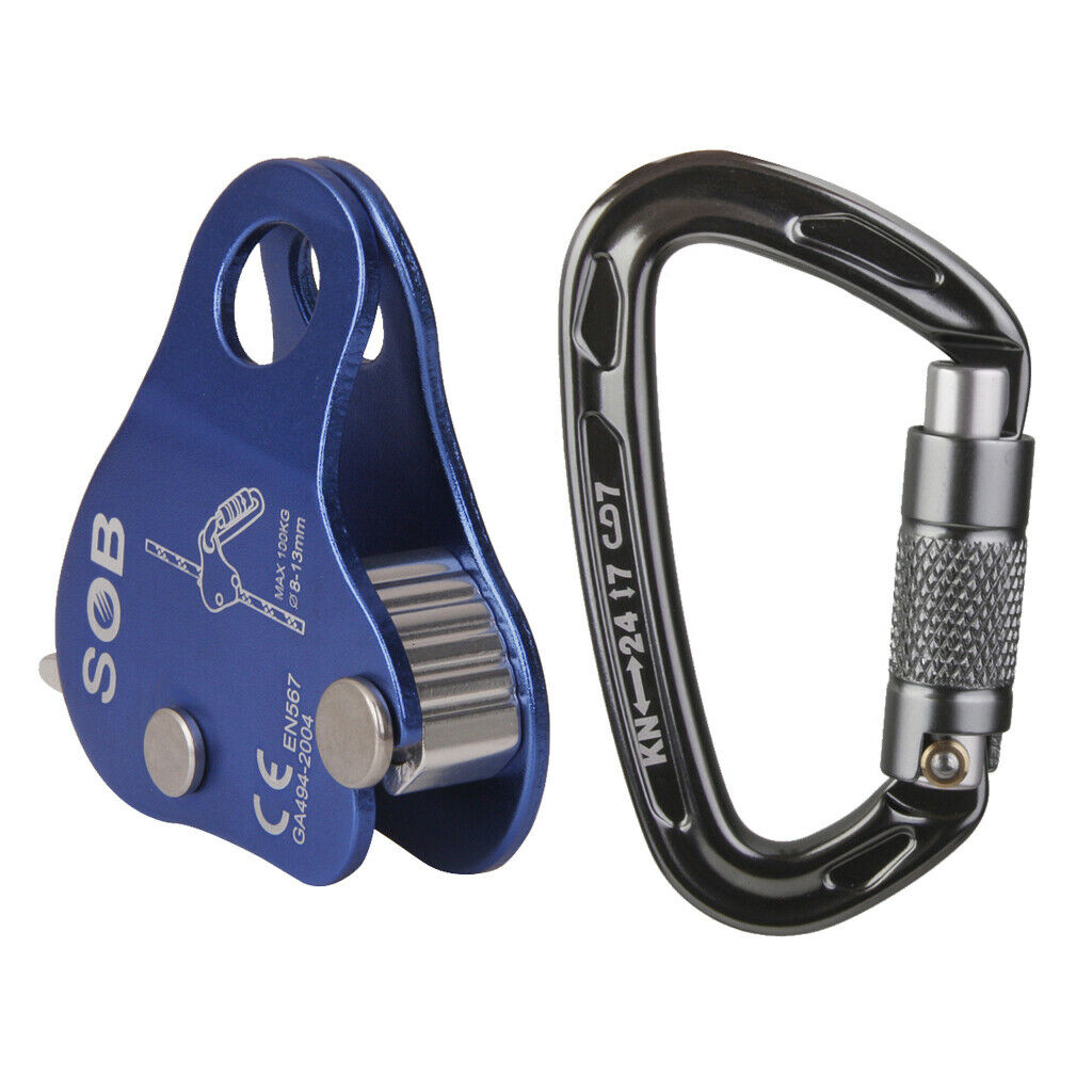 Outdoor Climbing Aluminum 24KN Rope Grab + 24KN Auto Locking Carabiner Hook