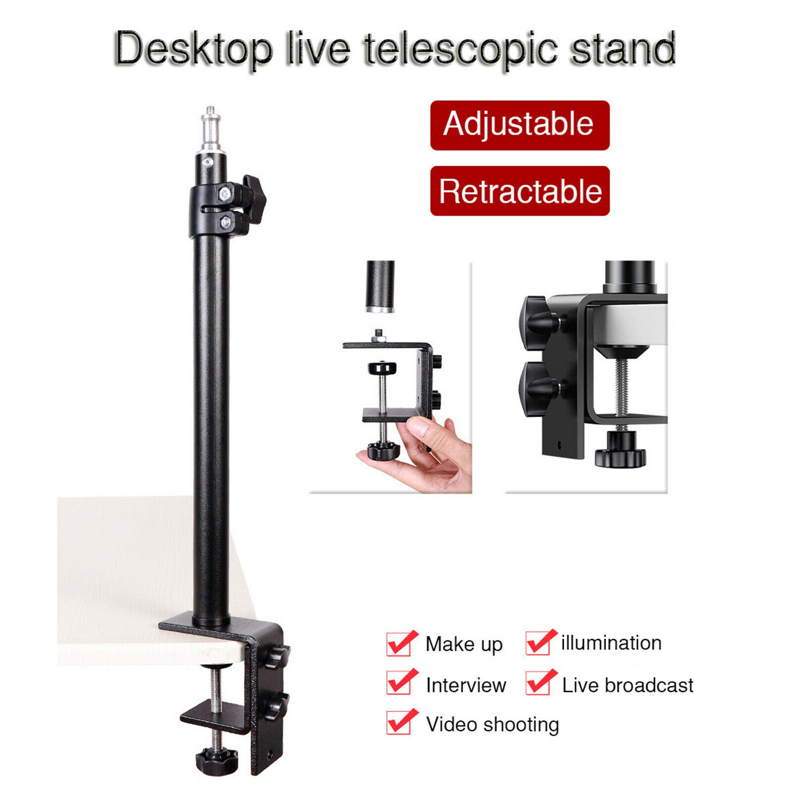 46-74cm Adjustable Tabletop Camera Stand C Clamp w/1/4 Screw for Ring Light