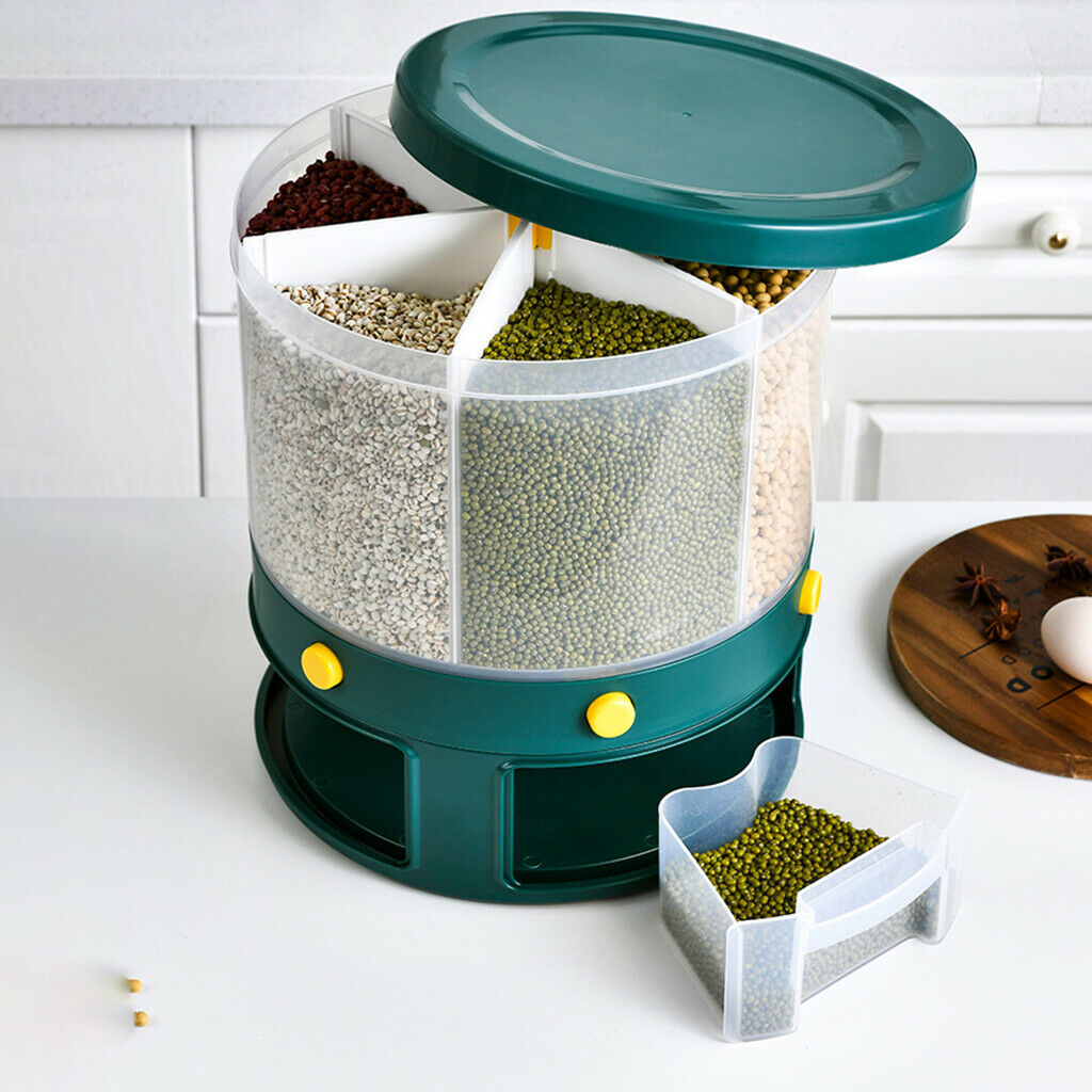 Rice Dispenser Cereal Storage Container Box Case 6-Grid Rotating with Lid