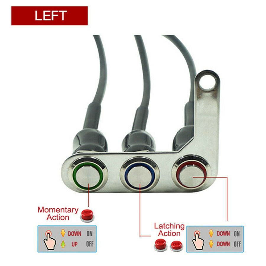 Water Resistant Left Side 3 Button Motorcycle Switch Momentary +Latching Action