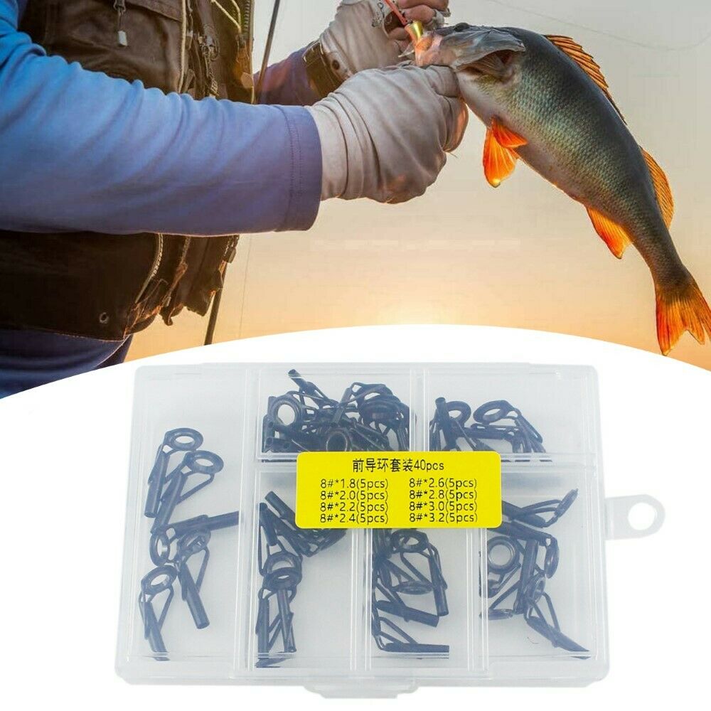 40Pcs Fishing Rod Guides Set Tips Repair Kit DIY Building Rod Repair Eye Ring LI