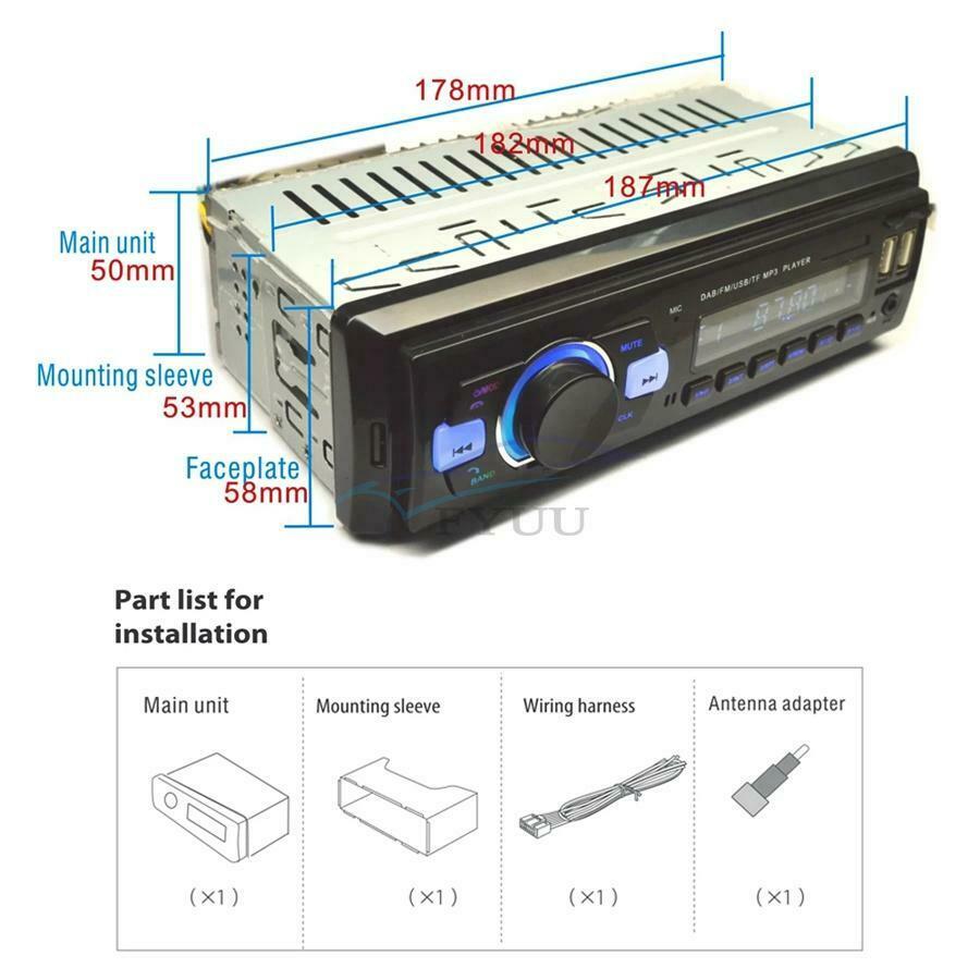 182*53*80mm  U-disk TF Card DAB+FM Bluetooth Car Radio Stereo Audio MP3 Player
