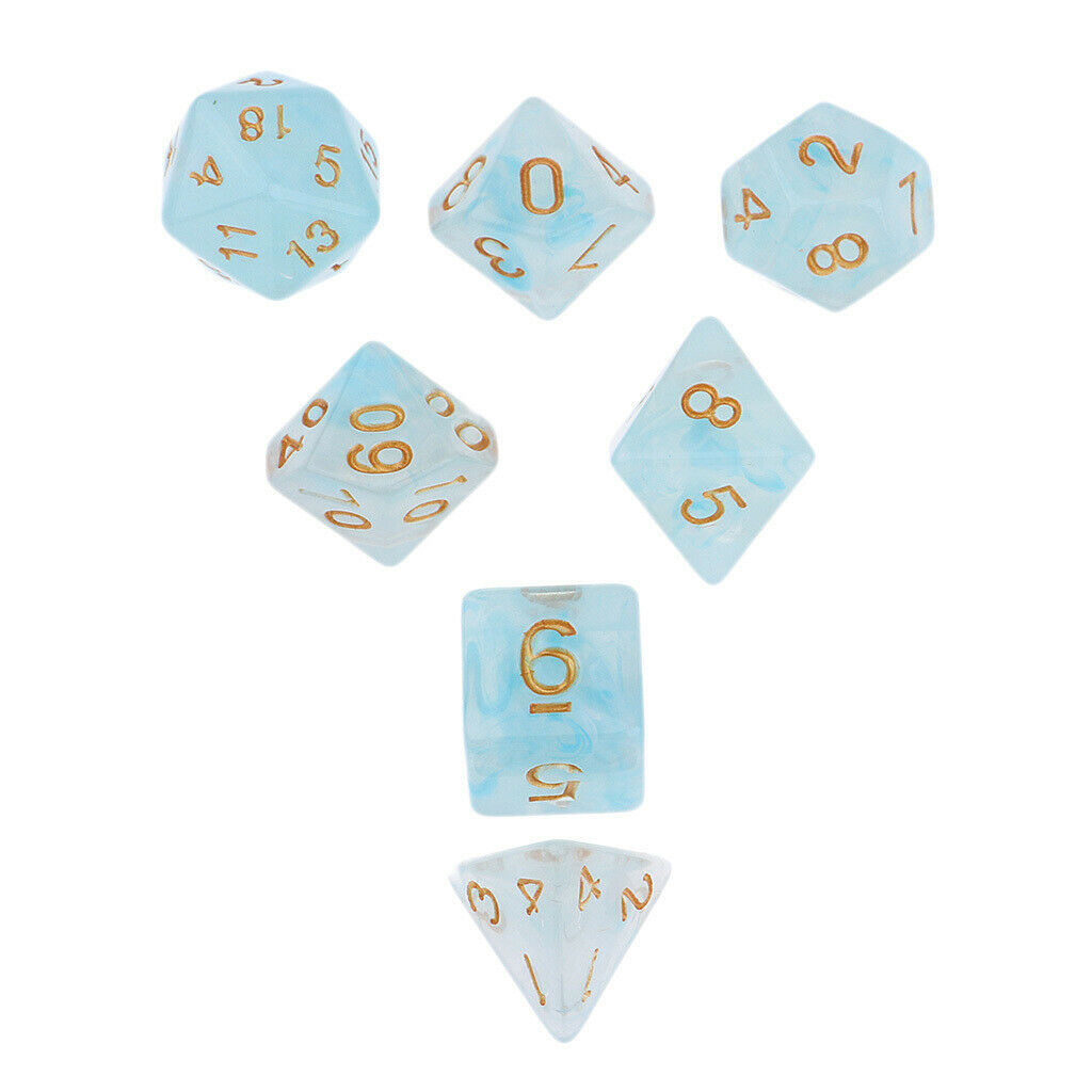 Set of 7 Gem Acrylic Polyhedral for D&D Game Board Games Party Light Blue