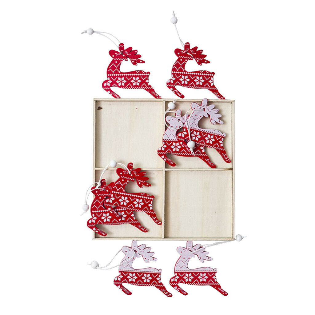 12pcs Christmas Elk Wooden Hanging Tags With Jute Twine In Box Red And White