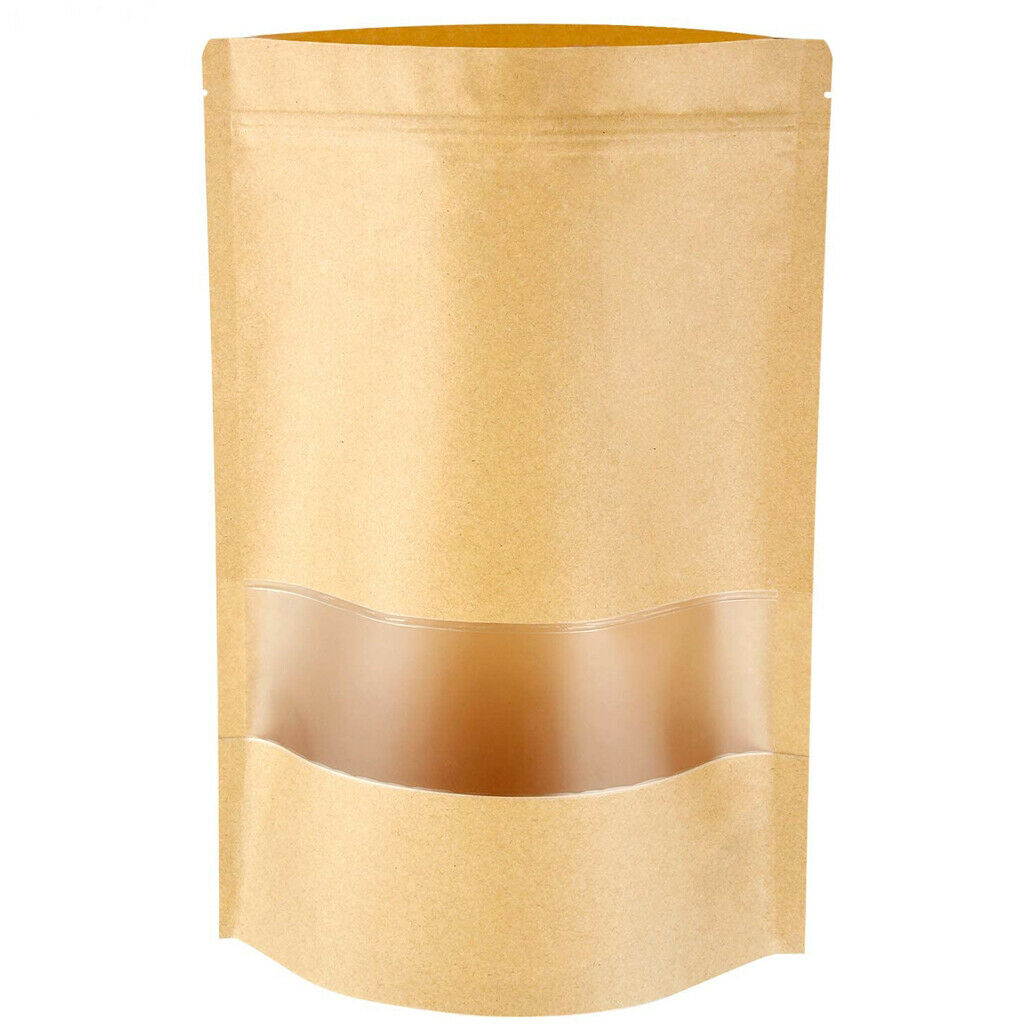 100 Pieces Kraft Bags with Window Stand Up Seal Paper Bag for Home Business