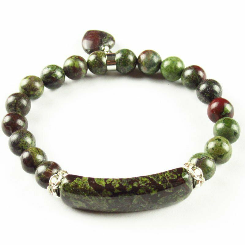 Natural Dragon Bloodstone Ball Oblong Heart Rhinestone Stretchy Bracelet 7.5 "