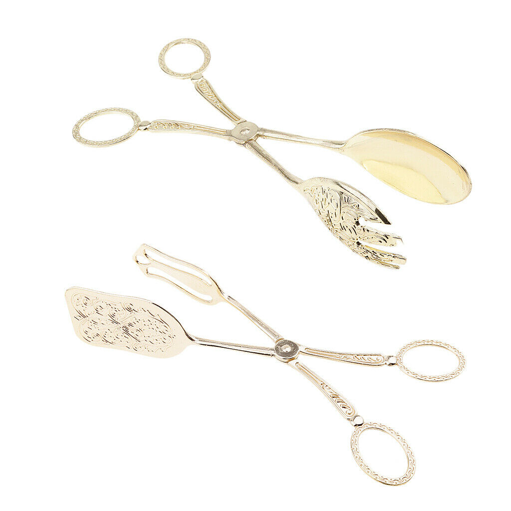 2 Pcs Zinc Alloy Food Pizza Bread Tong Kitchen Buffet Serving Clamp Golden