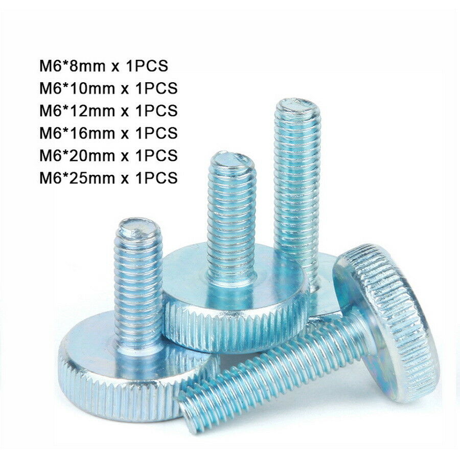 6Pcs M6* 8-25mm Knurled Thumb Flat Screws Hand Grip Knob Bolts Set Zinc Plated