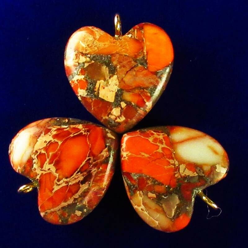 3Pcs Orange Man-made Sea Sediment Jasper & Pyrite Heart Pendant Bead A-DHS176