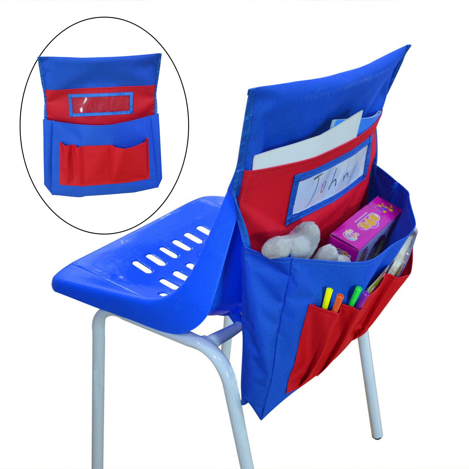 Chair Pocket Pouch with 6 Pockets with Label Slot for Books Papers Blue Red
