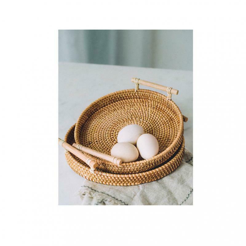 Round Rattan Serving Tray Wicker Bread Baskets Food Serving Tray 22cm + 24cm