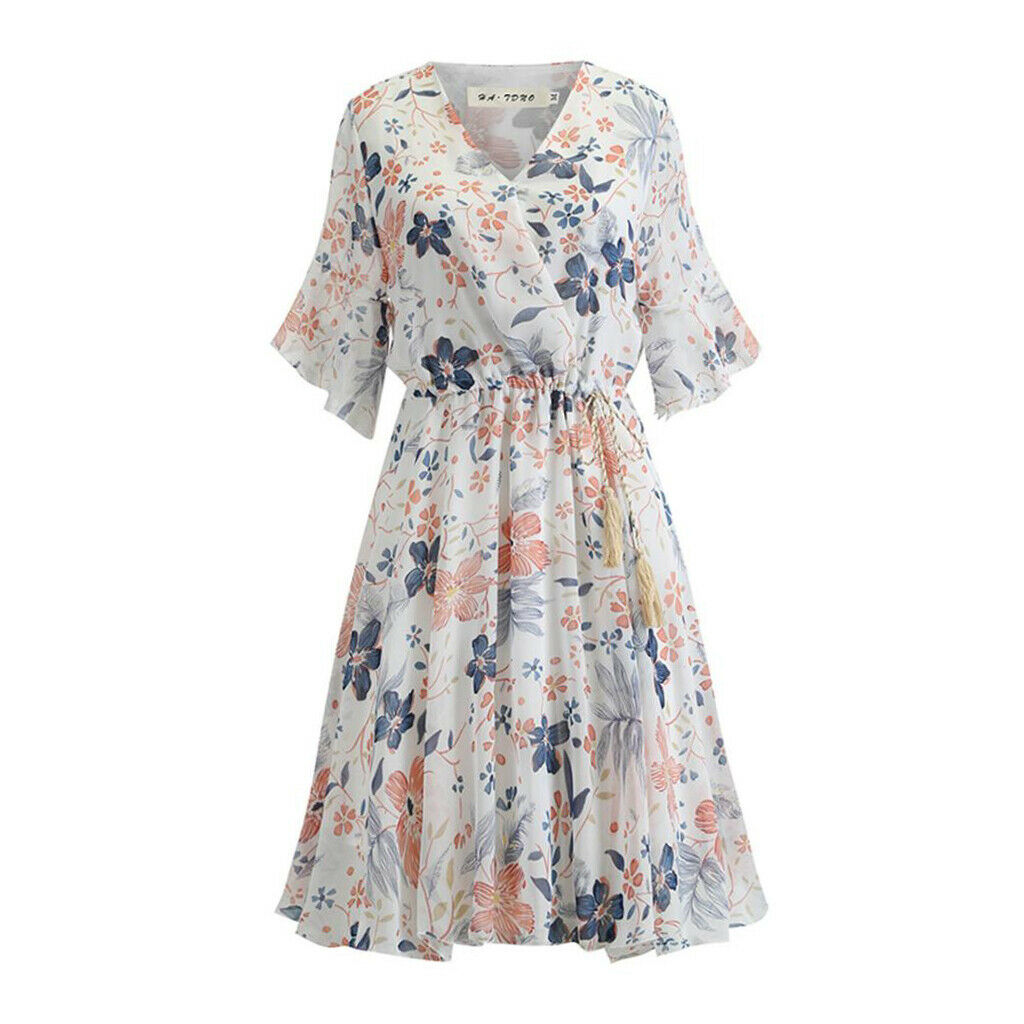 Womens Summer Floral Print Dress Casual Swing Boho Beach Midi Dress M