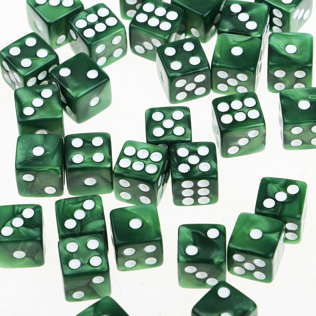 Pack of 50 Acrylic Six Sided Square D6 12mm Dice - Green with White Pips