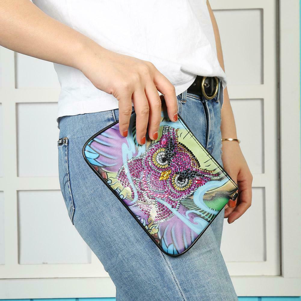 DIY Owl Special Shaped Diamond Painting Leather Crossbody Bags Chain Clutch @