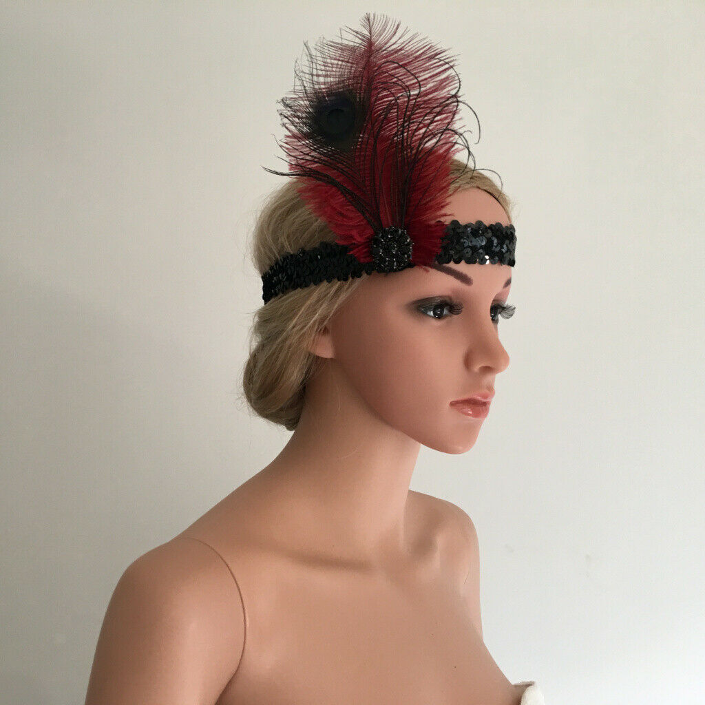 Wine Feather Flapper Headband 1920s Stretchy Headdress Charleston Headpiece