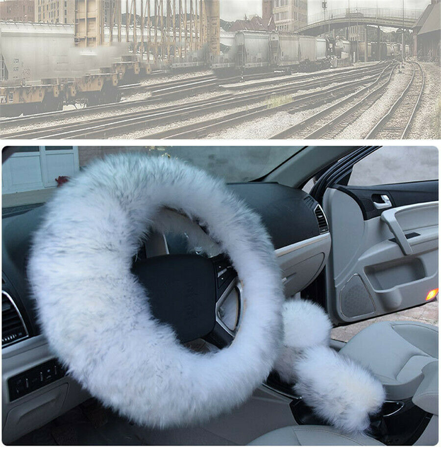 1 Set Long Plush Fur Fluffy Thick Car Steering Wheel Cover Gear Knob Brake Cover