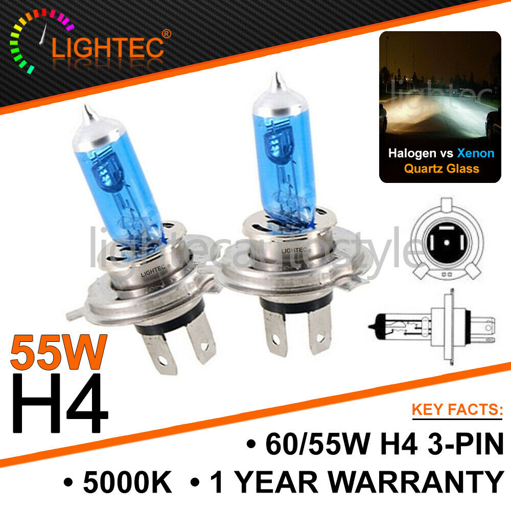2x LIGHTEC H4 55W 5000K HID XENON SUPER WHITE HALOGEN BULBS 12V PLASMA UPGRADE