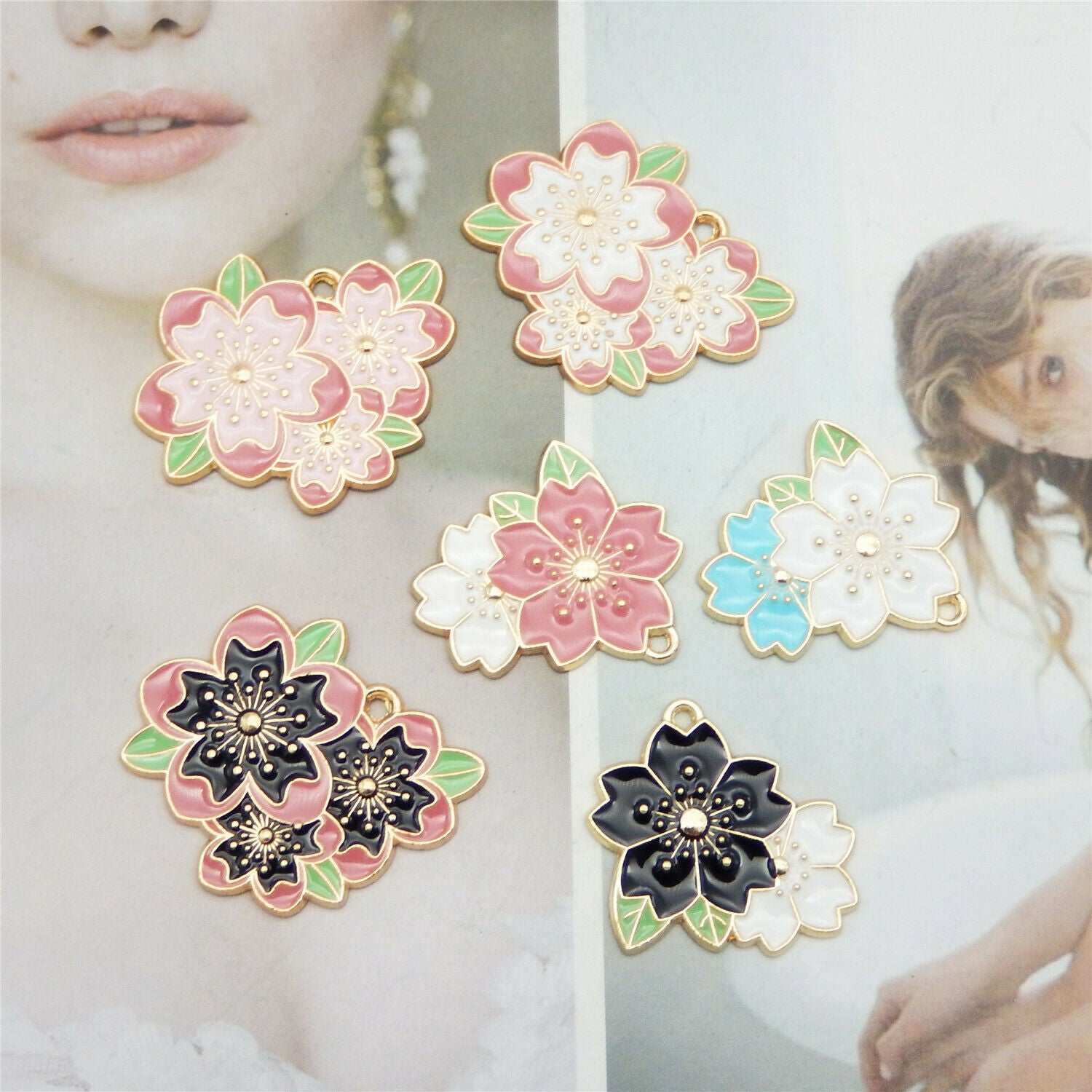 6 PCS Assorted Cheery Blossom Enamel Charm Flower Sakura Pendant Jewelry 25-32mm