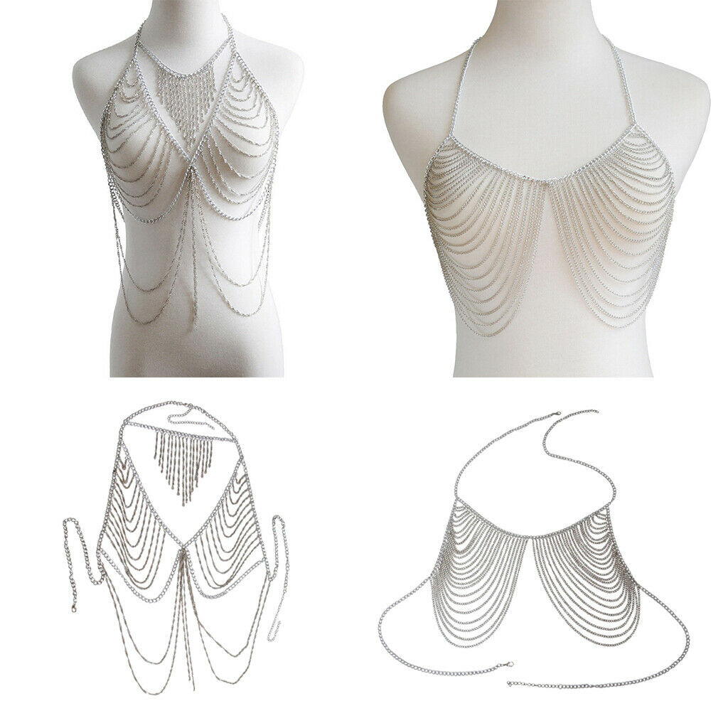 Alloy Body Chest Chains with Tassel Necklace for Womens Girls Bikini Top Bra