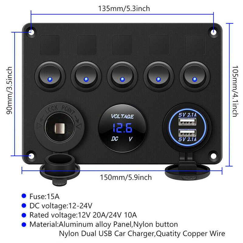 5 Gang Switch Panel 12V/24V Car Boat Marine Blue LED Rocker Breaker ControlsBDA