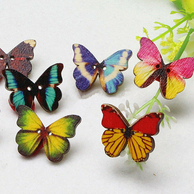 B7 50x Mixed Sewing Butterfly Phantom buttons Scrapbooking 2 Holes Bulk Wooden