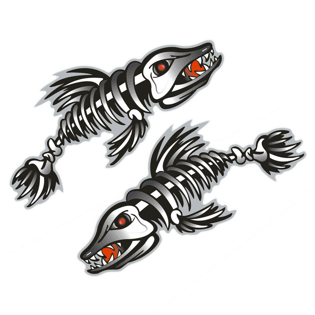 2 Sets Fish Boat Decals - 2x Fish Skeleton Decals & 2x Shark Teeth Mouth Decals,