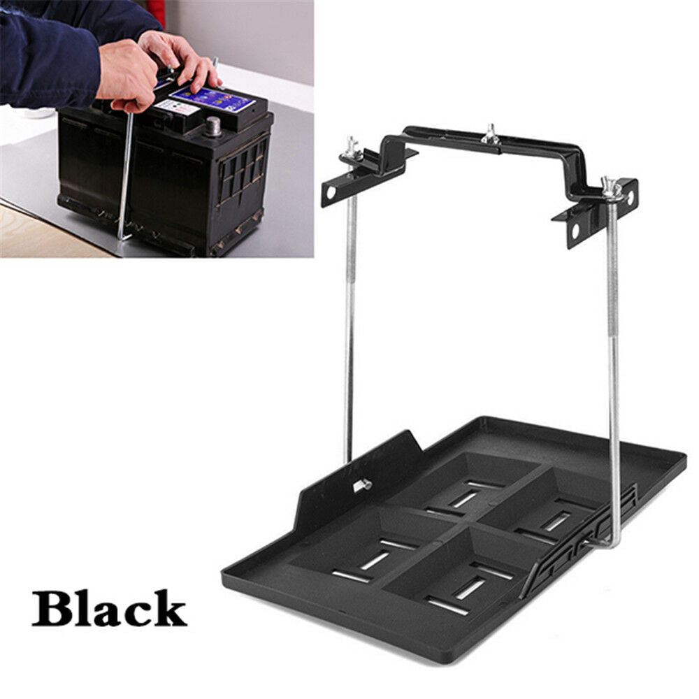 Universal Black Battery Tray Car Storage Battery Holder + Hold Down Clamp Safe