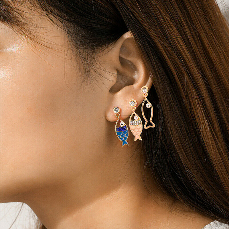 3Pcs/Set Fashion Women Bohemian Sea Fish Crystal Dangle Stud Earrings Jewelr Qx