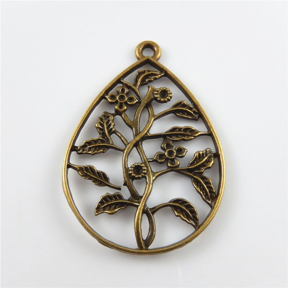 5-pack Retro Bronze Alloy Teardrop Pendant Hollowed Flower Branch Charm 54x41mm