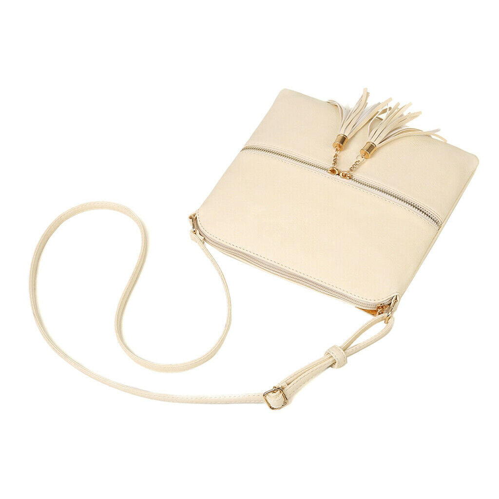 Women's PU Leather Tassel Zipper Bag Shoulder Messenger Bags Creamy