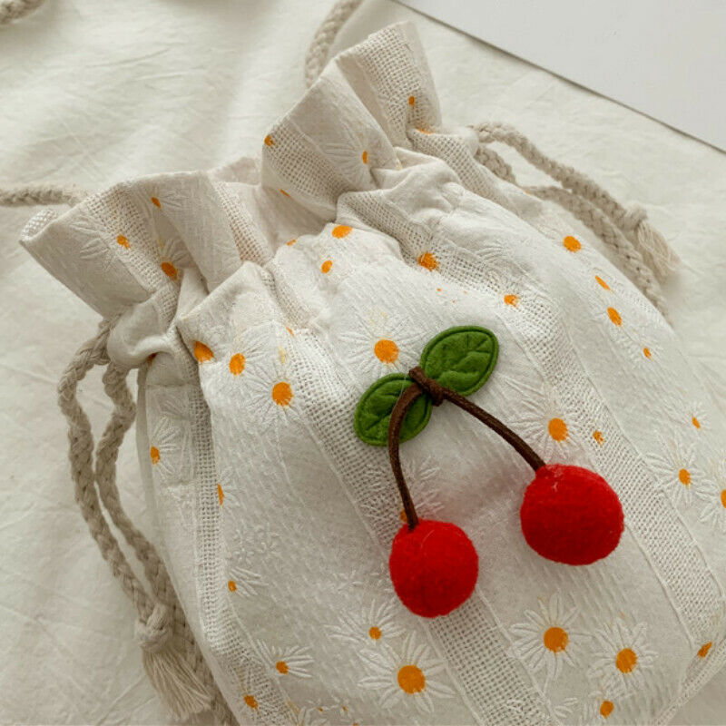 Girls Bucket Bag Canvas Floral Crossbody Handbag Drawstring Sack Cherry Ornament