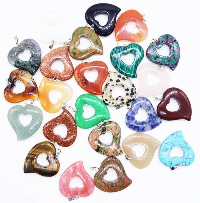 18Pcs Multicolor Mixed Stone Quartz Agate Heart Pendant Bead 30x30x6mm HH6833
