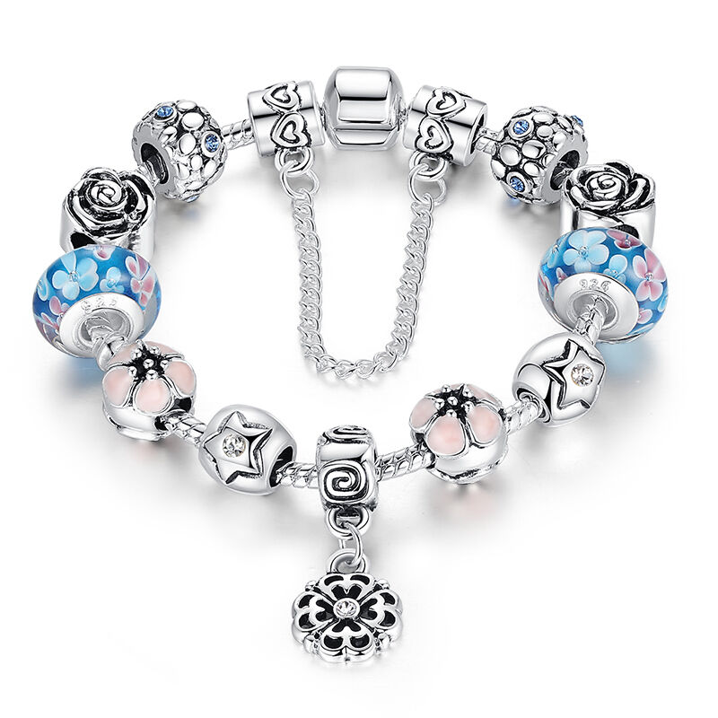 European 925 Glass Bead Charm Bracelet With Crystals Fit Women Authentic Jewelry