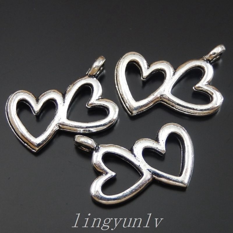 25 Retro Sliver Bracelet Charm Heart Hollow Alloy Pendant Craft Jewelry 19*12mm