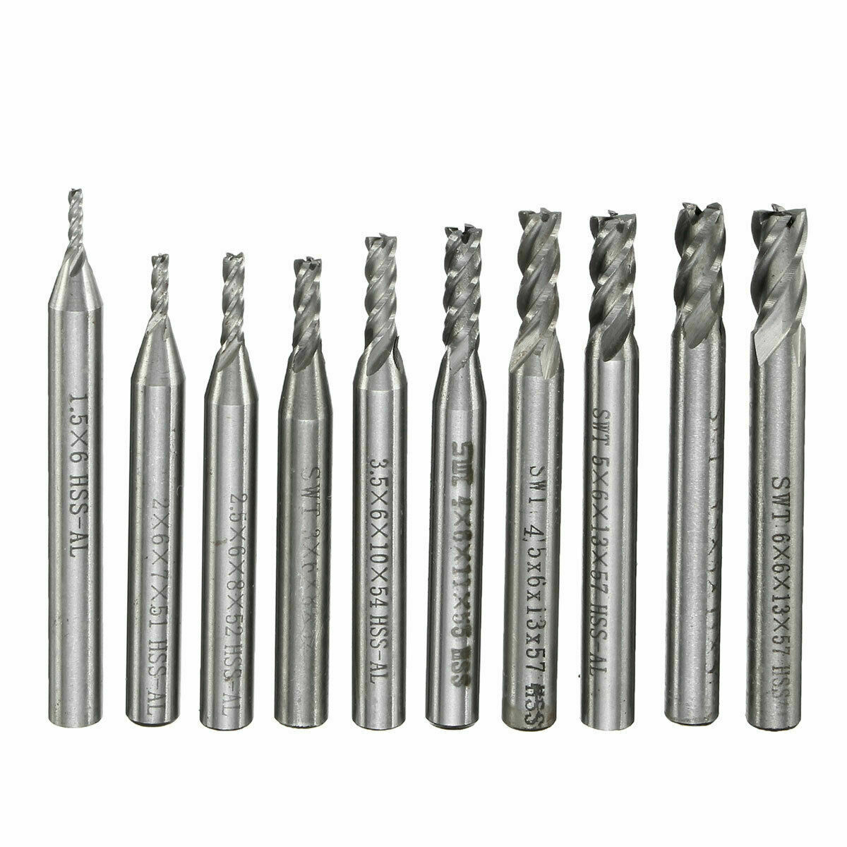 10pcs/set 1.5-6mm HSS Straight Shank 4 Flute End Mill Cutter CNC Drill Bit Tool